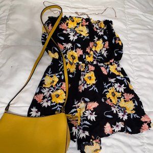 Black Yellow Floral Strapless Tube Romper, Date Night, Picnic